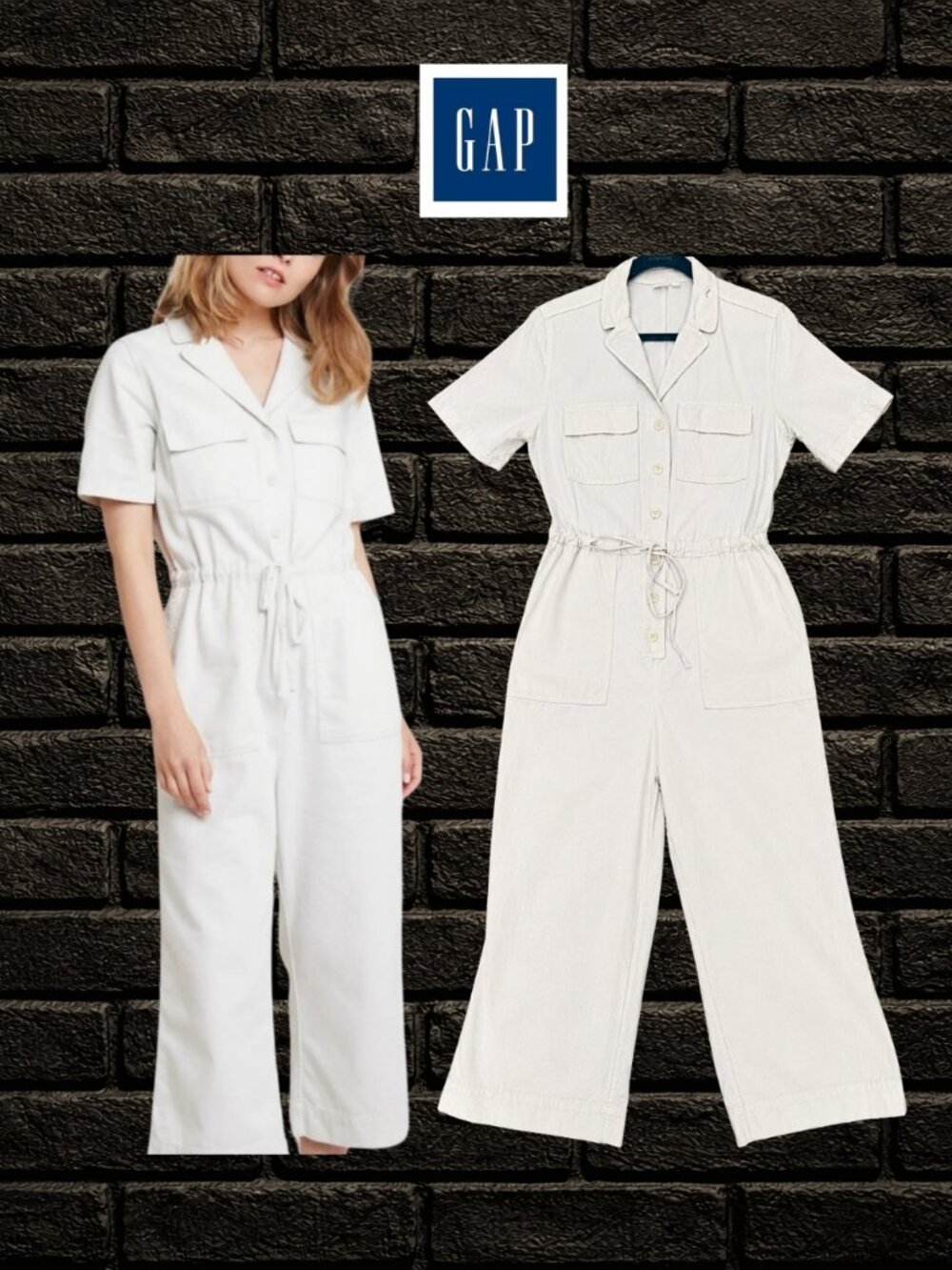 GAP White Utility Cropped Button Front Jumpsuit Wide Leg Short Sleeve Fall - 8